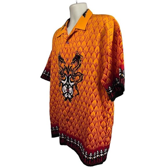 Mens Vintage Rockabilly Orange Black Embroidered Dragons Flames Button Up Shirt - Picture 3 of 7